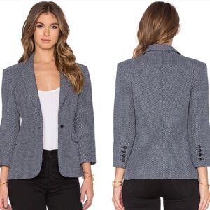 ATM Blazer Women Size 8 Navy Blue Cotton Fitted Structured Patterned Arrow Print